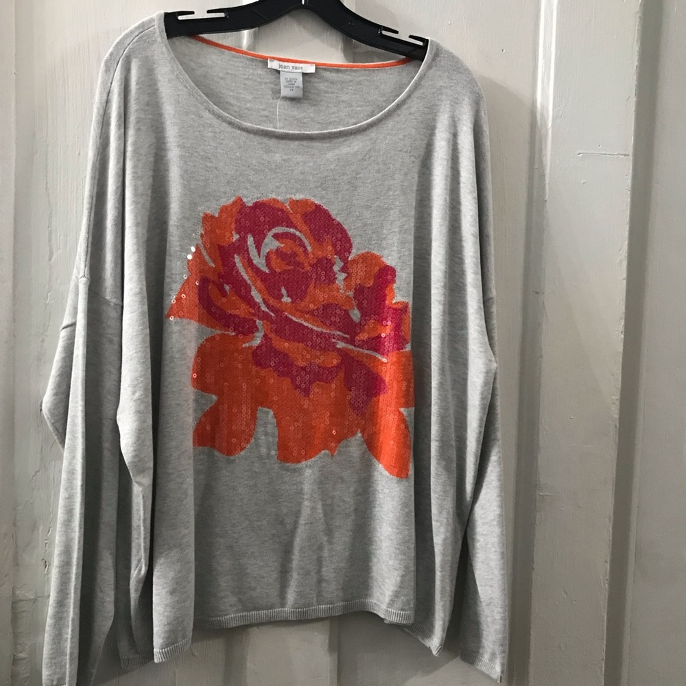 Joan Vass Women’s LS Rose Flower Sequin Pullover